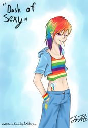 Size: 659x955 | Tagged: safe, artist:mach-friendship, rainbow dash, human, g4, belly button, clothes, female, humanized, midriff, pants, solo