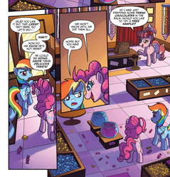 Size: 980x1024 | Tagged: safe, artist:tony fleecs, idw, official comic, cherry cordial, pinkie pie, rainbow dash, earth pony, pegasus, pony, from the shadows, g4, spoiler:comic, spoiler:comic51, butt, candy, candy store, comic, cropped, female, food, mare, plot, speech bubble, store