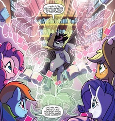 Size: 1052x1111 | Tagged: safe, artist:tonyfleecs, idw, official comic, applejack, cyclops-clops, fluttershy, frankenstag's monster, pinkie pie, rainbow dash, rarity, shadow lock, twilight sparkle, cyclops, earth pony, pegasus, pony, unicorn, from the shadows, g4, spoiler:comic, spoiler:comic51, book magic, cloak, clothes, comic, cthulhu, female, frankenstein's monster, library, male, mane six, mare, no pupils, rearing, speech bubble, stallion