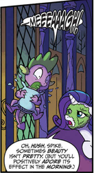 Size: 304x553 | Tagged: safe, artist:tonyfleecs, idw, official comic, rarity, spike, dragon, pony, unicorn, from the shadows, g4, spoiler:comic, spoiler:comic51, cropped, duo, facial mask, female, male, mare, mud mask, speech bubble