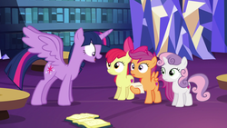 Size: 1920x1080 | Tagged: safe, screencap, apple bloom, scootaloo, sweetie belle, twilight sparkle, alicorn, pony, g4, season 6, the fault in our cutie marks, apple bloom's bow, bow, curly hair, curly mane, curly tail, cutie mark crusaders, excited, female, filly, foal, golden eyes, green eyes, hair bow, library, looking at each other, looking at someone, magenta hair, magenta mane, magenta tail, mare, multicolored hair, multicolored mane, multicolored tail, open mouth, open smile, orange body, orange coat, orange fur, orange pony, orange wings, pink hair, pink mane, pink tail, purple body, purple coat, purple eyes, purple fur, purple hair, purple mane, purple pony, purple tail, purple wings, red hair, red mane, red tail, smiling, spread wings, striped hair, striped mane, striped tail, tail, tri-color hair, tri-color mane, tri-color tail, tri-colored hair, tri-colored mane, tri-colored tail, tricolor hair, tricolor mane, tricolor tail, tricolored hair, tricolored mane, tricolored tail, twilight sparkle (alicorn), twilight's castle library, two toned hair, two toned mane, two toned tail, white body, white coat, white fur, white pony, wings, yellow body, yellow coat, yellow fur, yellow pony