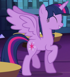 Size: 730x800 | Tagged: safe, screencap, twilight sparkle, alicorn, pony, g4, the fault in our cutie marks, cropped, cute, eyes closed, female, happy, mare, raised hoof, smiling, solo, spread wings, twiabetes, twilight sparkle (alicorn), twilight's castle library