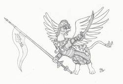 Size: 1200x822 | Tagged: safe, artist:sensko, oc, oc only, griffon, armor, black and white, flying, grayscale, hussar, monochrome, pencil drawing, saber, simple background, sketch, solo, sword, traditional art, weapon, white background