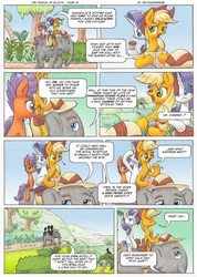 Size: 3495x4895 | Tagged: safe, artist:xeviousgreenii, applejack, rarity, scootaloo, oc, oc:trunkington, bird, butterfly, elephant, comic:the temple of bloom, g4, absurd resolution, comic, flower, food, hat, hay stalk, map, muffin, pith helmet, saddle bag, straw in mouth, traditional art, tree