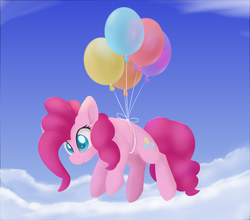 Size: 787x691 | Tagged: safe, artist:dusthiel, pinkie pie, earth pony, pony, balloon, cloud, colored pupils, female, floating, looking down, sky, solo, then watch her balloons lift her up to the sky