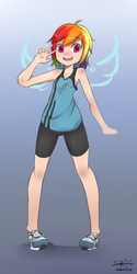 Size: 1063x2129 | Tagged: safe, artist:inkintime, rainbow dash, human, g4, clothes, compression shorts, female, humanized, open mouth, shoes, shorts, sneakers, solo, sporty style, tank top, teenager
