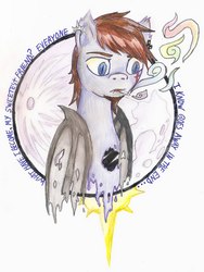 Size: 814x1080 | Tagged: safe, artist:evescintilla, oc, oc only, oc:shadow sky, bat pony, pony, beard, ear piercing, earring, facial hair, fangs, hurt (song), jewelry, johnny cash, male, moon, nine inch nails, piercing, smoking, solo, song reference, stallion, traditional art