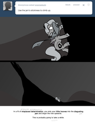 Size: 666x874 | Tagged: safe, artist:egophiliac, princess luna, the smooze, pony, moonstuck, g1, g4, cartographer's muffler, climbing, female, filly, goop, grayscale, marauder's mantle, monochrome, solo, tower, tumblr, tumblr comic, woona, younger