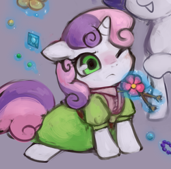 Size: 569x561 | Tagged: dead source, safe, artist:kei05, rarity, sweetie belle, pony, unicorn, g4, blushing, clothes, cute, diasweetes, dress, female, filly, floppy ears, foal, magic, magic aura, mare, one eye closed, open mouth, raised hoof, sitting, sweetie belle is not amused, telekinesis, unamused