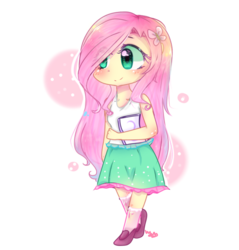 Size: 911x954 | Tagged: safe, artist:windymils, fluttershy, equestria girls, g4, book, clothes, cute, female, shoes, skirt, socks, solo, tank top, walking