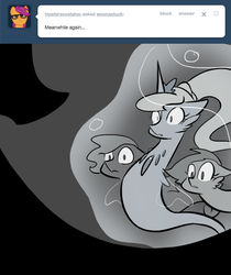 Size: 666x793 | Tagged: safe, artist:egophiliac, oc, oc only, oc:danger mcsteele, oc:echo (egophiliac), oc:jake bullet, oc:serenitatis, sea pony, moonstuck, grayscale, magic, monochrome, shadow, tumblr, tumblr comic