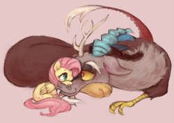 Size: 780x551 | Tagged: safe, artist:kei05, discord, fluttershy, draconequus, pegasus, pony, g4, eye contact, female, looking at each other, male, pink background, simple background