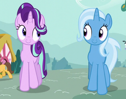 Size: 588x460 | Tagged: safe, screencap, starlight glimmer, trixie, pony, unicorn, g4, no second prances, cropped, cute, diatrixes, female, glimmerbetes, looking at each other, mare, smiling