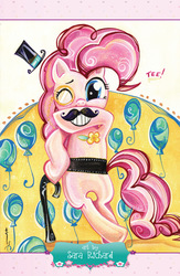 Size: 1988x3054 | Tagged: safe, artist:sararichard, pinkie pie, earth pony, pony, g4, idw, advertisement, balloon, bipedal, cane, female, halloween comicfest, hat, idw advertisement, preview, solo, top hat