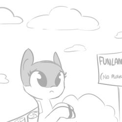 Size: 1440x1440 | Tagged: safe, artist:tjpones, oc, oc only, original species, plane pony, pony, cloud, frown, funland, grayscale, monochrome, plane, sad, sign, simple background, solo, white background
