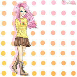 Size: 3000x3000 | Tagged: safe, artist:mina-chan7, fluttershy, human, g4, boots, clothes, cute, female, high res, humanized, light skin, skirt, solo, sweater, sweatershy