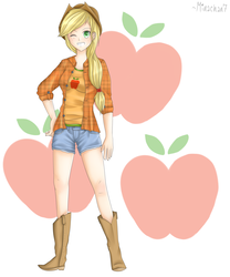 Size: 2500x3000 | Tagged: safe, artist:mina-chan7, applejack, human, g4, boots, clothes, cowboy boots, female, high res, humanized, one eye closed, shoes, shorts, solo, wink