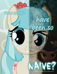 Size: 2000x2577 | Tagged: safe, artist:starbat, coco pommel, suri polomare, earth pony, pony, two sided posters, g4, angry, female, grin, high res, looking at you, mare, smiling, solo, text, two sides