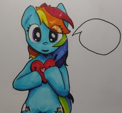 Size: 2408x2246 | Tagged: safe, artist:mr.candy_owo, rainbow dash, pegasus, pony, g4, female, heart, high res, mare, marker drawing, simple background, solo, speech bubble, traditional art, white background