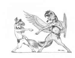 Size: 1429x1110 | Tagged: safe, artist:baron engel, apple bloom, oc, pegasus, pony, g4, black gryph0n, bow, cute, duo, hair bow, headset, looking at each other, male, monochrome, pencil drawing, simple background, singing, sketch, stallion, traditional art