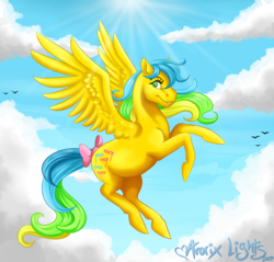 Size: 1083x1037 | Tagged: dead source, safe, artist:arorix_lights, masquerade (g1), pegasus, pony, twinkle eyed pony, g1, bow, cloud, female, flying, sky, solo, tail bow