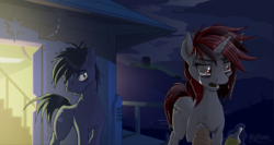 Size: 1873x1000 | Tagged: safe, artist:keyframe, artist:kraden, oc, oc only, oc:blackjack, oc:p-21, earth pony, pony, unicorn, fallout equestria, fallout equestria: project horizons, alcohol, bags under eyes, balcony, bandage, commission, crying, drunk, frown, levitation, magic, open mouth, pjack, raised hoof, scenery, telekinesis, whiskey
