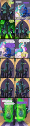 Size: 1200x4929 | Tagged: safe, artist:omny87, princess celestia, princess luna, queen chrysalis, alicorn, changeling, pony, g4, to where and back again, armor, changeling armor, changeling guard, cocoon, comic, high res, magic, paper, ponyloaf, prone, quill, royal sisters, telekinesis, uselesstia