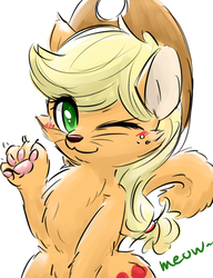 Size: 2300x3000 | Tagged: safe, artist:gamijack, applejack, cat, applecat, blushing, catified, chest fluff, cute, female, jackabetes, looking at you, one eye closed, paws, simple background, solo, species swap, underpaw, wink