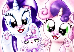 Size: 1280x904 | Tagged: safe, artist:remyroez, opalescence, rarity, sweetie belle, cat, g4, cat ears, catified, cute, diasweetes, kitty belle, national cat day, opalbetes, paw pads, paws, raribetes, raricat, species swap