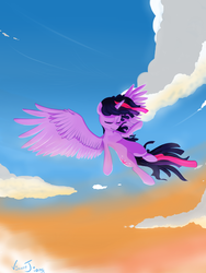 Size: 1024x1365 | Tagged: safe, artist:vincentjiang0v0, twilight sparkle, alicorn, pony, g4, cloud, eyes closed, female, flying, solo, twilight sparkle (alicorn), windswept mane