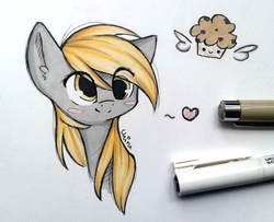 Size: 1024x831 | Tagged: safe, artist:chimeeri, derpy hooves, pegasus, pony, g4, blushing, cute, female, food, heart, mare, muffin, solo, traditional art