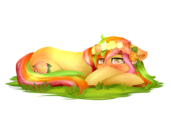 Size: 2800x2000 | Tagged: safe, artist:jazzerix, oc, oc only, oc:roshi, earth pony, pony, blushing, cute, female, floral head wreath, flower, high res, mare, prone, simple background, solo, transparent background