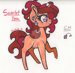 Size: 1024x996 | Tagged: safe, artist:biskhuit, oc, oc only, oc:scarlet tea, pony, unicorn, female, mare, raised hoof, solo, traditional art, watermark