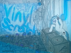 Size: 1000x744 | Tagged: safe, artist:shockwavejet, dj pon-3, vinyl scratch, g4, concert, nightclub, rave, traditional art