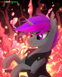 Size: 1500x1852 | Tagged: safe, artist:redchetgreen, oc, oc only, pony, unicorn, bandage, clothes, fire, solo