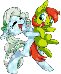 Size: 4068x4942 | Tagged: safe, artist:cutepencilcase, oc, oc only, oc:azur lachrimae, oc:greeny awkward, crystal pony, earth pony, pony, absurd resolution, bipedal, chest fluff, cute, ear fluff, eyes closed, happy, holding a pony, hug, open mouth, simple background, transparent background