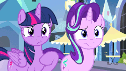 Size: 960x540 | Tagged: safe, edit, screencap, starlight glimmer, twilight sparkle, alicorn, pony, g4, the times they are a changeling, animated, counterparts, crystal empire, duo, duo female, female, gif, loop, twilight sparkle (alicorn), twilight's counterparts