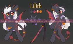 Size: 5000x3032 | Tagged: safe, artist:fensu-san, oc, oc only, oc:lilith (fensu-san), bat, demon, demon pony, adoptable, bat wings, gold, high res, horn, horn ring, katana, reference sheet, solo, sword, weapon, white hair