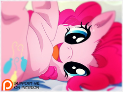 Size: 733x544 | Tagged: safe, artist:lilapudelpony, pinkie pie, earth pony, pony, g4, cute, diapinkes, ear fluff, female, looking at you, on back, patreon, patreon logo, preview, smiling, solo