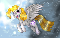 Size: 1609x1011 | Tagged: safe, artist:not-ordinary-pony, surprise, pegasus, pony, g1, female, flying, looking at you, mare, open mouth, rain, smiling, solo, wet tail, wing fluff