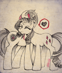 Size: 898x1045 | Tagged: safe, artist:php174, rarity, oc, oc:barrfind, pony, unicorn, g4, canon x oc, cuddling, eyes closed, female, heart, love, male, rarifind, shipping, simple background, smiling, snuggling, straight, traditional art
