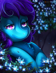 Size: 800x1045 | Tagged: safe, artist:maggie fess, oc, oc only, pony, chest fluff, flower, fluffy, lying, night, on back, purple eyes, slit pupils, solo, ych result