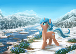 Size: 3508x2480 | Tagged: safe, artist:seer45, oc, oc only, oc:myosotis, pony, unicorn, art trade, female, fir tree, flower, forget-me-not (flower), high res, looking up, mare, mountain, river, scenery, scenery porn, snow, solo, spring