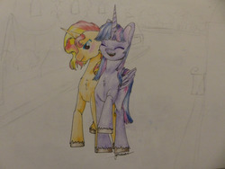 Size: 1280x960 | Tagged: safe, artist:maybe-a-wizard, sunset shimmer, twilight sparkle, alicorn, pony, unicorn, g4, cuddling, eyes closed, female, lesbian, ship:sunsetsparkle, shipping, sketch, snuggling, traditional art, twilight sparkle (alicorn)