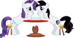 Size: 7918x4048 | Tagged: safe, artist:barrfind, rarity, oc, oc:barrfind, pony, unicorn, g4, absurd resolution, canon x oc, female, happy, love, male, mare, rarifind, shipping, simple background, sitting, smiling, stallion, stare, straight, table, transparent background, vector