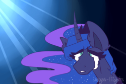 Size: 1080x720 | Tagged: safe, artist:vegas-liights, princess luna, alicorn, pony, g4, bust, crepuscular rays, crying, curved horn, female, horn, portrait, sad, solo