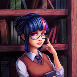 Size: 1500x1500 | Tagged: safe, artist:inowiseei, twilight sparkle, human, g4, beautiful, book, bookshelf, clothes, female, glasses, humanized, looking at you, necktie, smiling, solo, vest