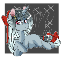 Size: 292x270 | Tagged: safe, artist:xwhitedreamsx, oc, oc only, oc:marionette strings, pony, unicorn, bow, commission, crossed hooves, female, hair bow, hairpin, mare, pixel art, prone, solo