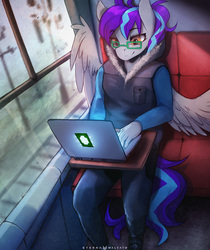 Size: 1010x1200 | Tagged: safe, artist:foxinshadow, oc, oc only, oc:megabyte, pegasus, anthro, anthro oc, clothes, commission, computer, female, glasses, laptop computer, mare, sitting, smiling, solo, sweater, train, vest