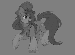 Size: 1280x951 | Tagged: safe, artist:lulemt, oc, oc only, oc:mad munchkin, earth pony, pony, clothes, commission, ear piercing, earring, grayscale, hat, jewelry, monochrome, piercing, scarf, solo, unshorn fetlocks